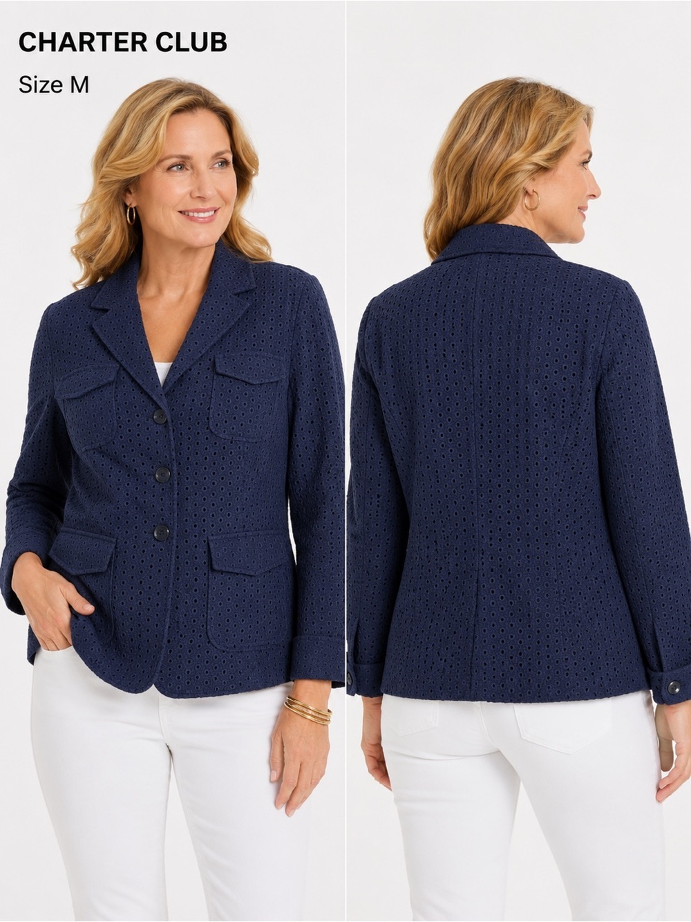 Charter Club Navy Eyelet Cotton Blazer Jacket Size Medium Classic Chic